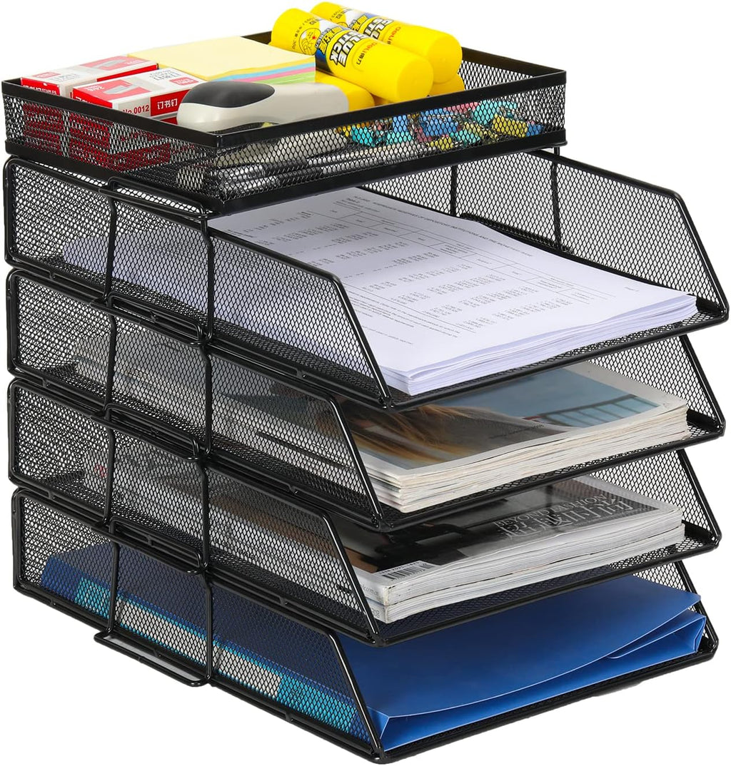 Senhoglb Bac à courrier A4 en maille à 4 niveaux empilable avec porte-documents supérieur, Noir