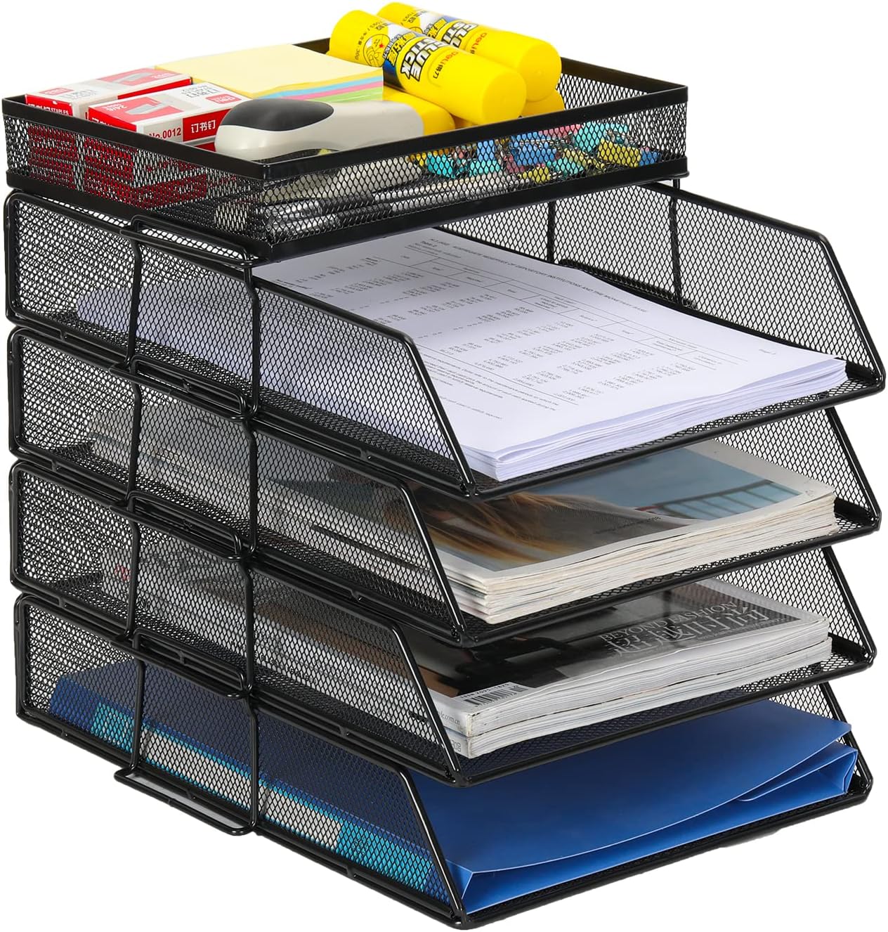 Senhoglb Bac à courrier A4 en maille à 4 niveaux empilable avec porte-documents supérieur, Noir