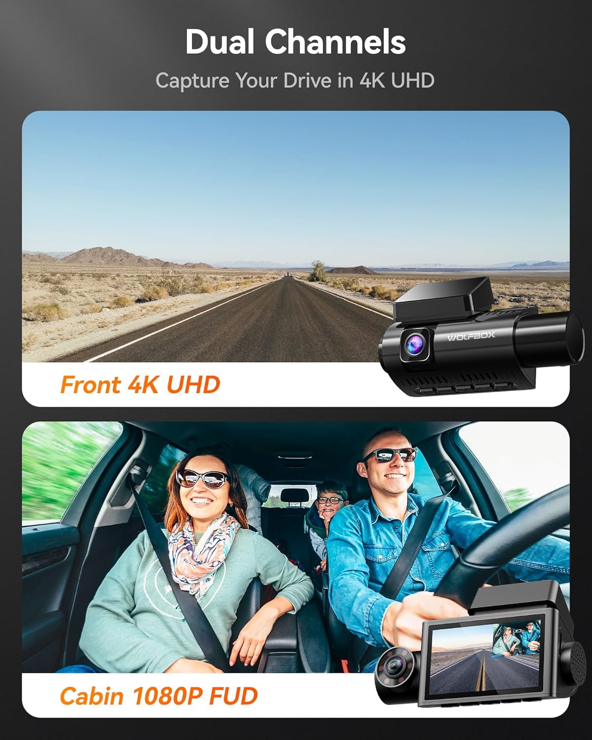 WOLFBOX i07 Caméra embarquée 3 canaux avec Wi-Fi et GPS intégrés, Caméra embarquée 4K avant et intérieure, Triple caméra de voiture 1440p+1080p+1080p avec écran LCD 3 pouces
