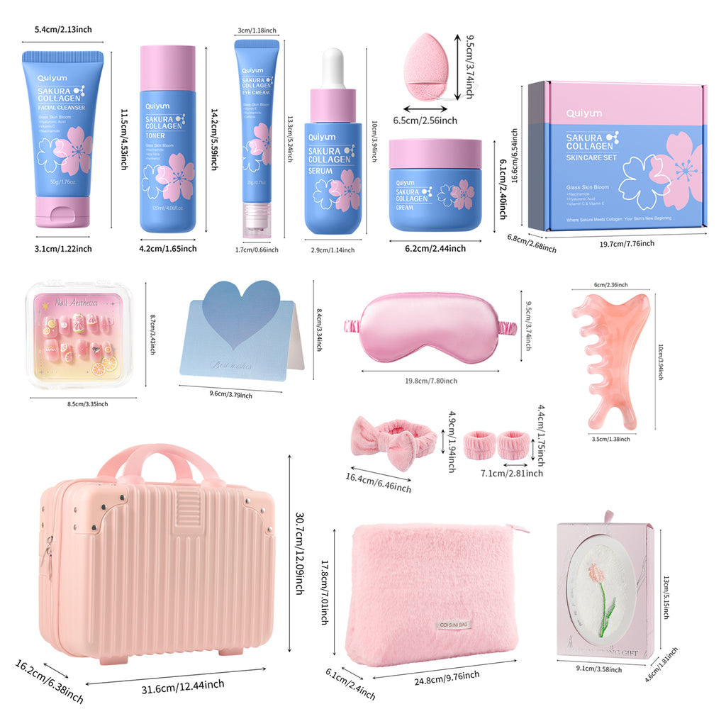 Quiyum Coffret de soins Sakura au collagène (13 pièces) : Nettoyant 50 g, Lotion tonique 120 ml, Sérum 30 ml, Crème contour des yeux 20 g, Crème 50 g, Stickers pour ongles, Bandeau