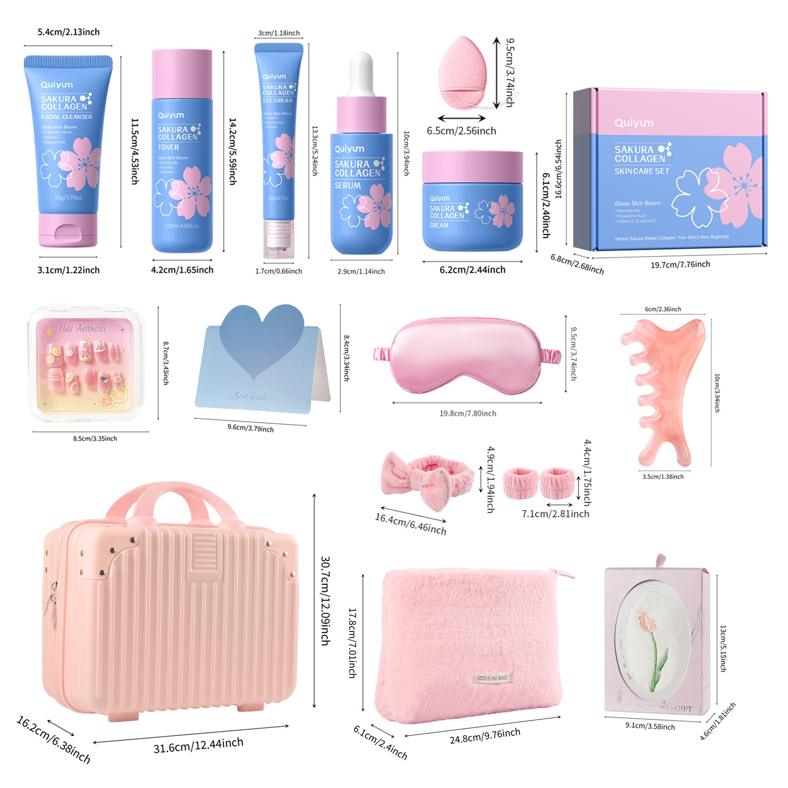 Quiyum Coffret de soins Sakura au collagène (13 pièces) : Nettoyant 50 g, Lotion tonique 120 ml, Sérum 30 ml, Crème contour des yeux 20 g, Crème 50 g, Stickers pour ongles, Bandeau