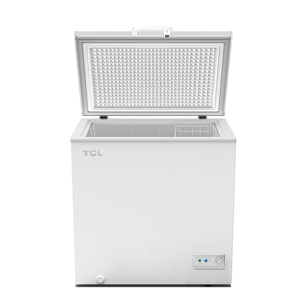 TCL CF126EWE0FR Congélateur avec panier de rangement, charnière de couvercle, thermostat réglable, pieds réglables, classe énergétique E - 98 L