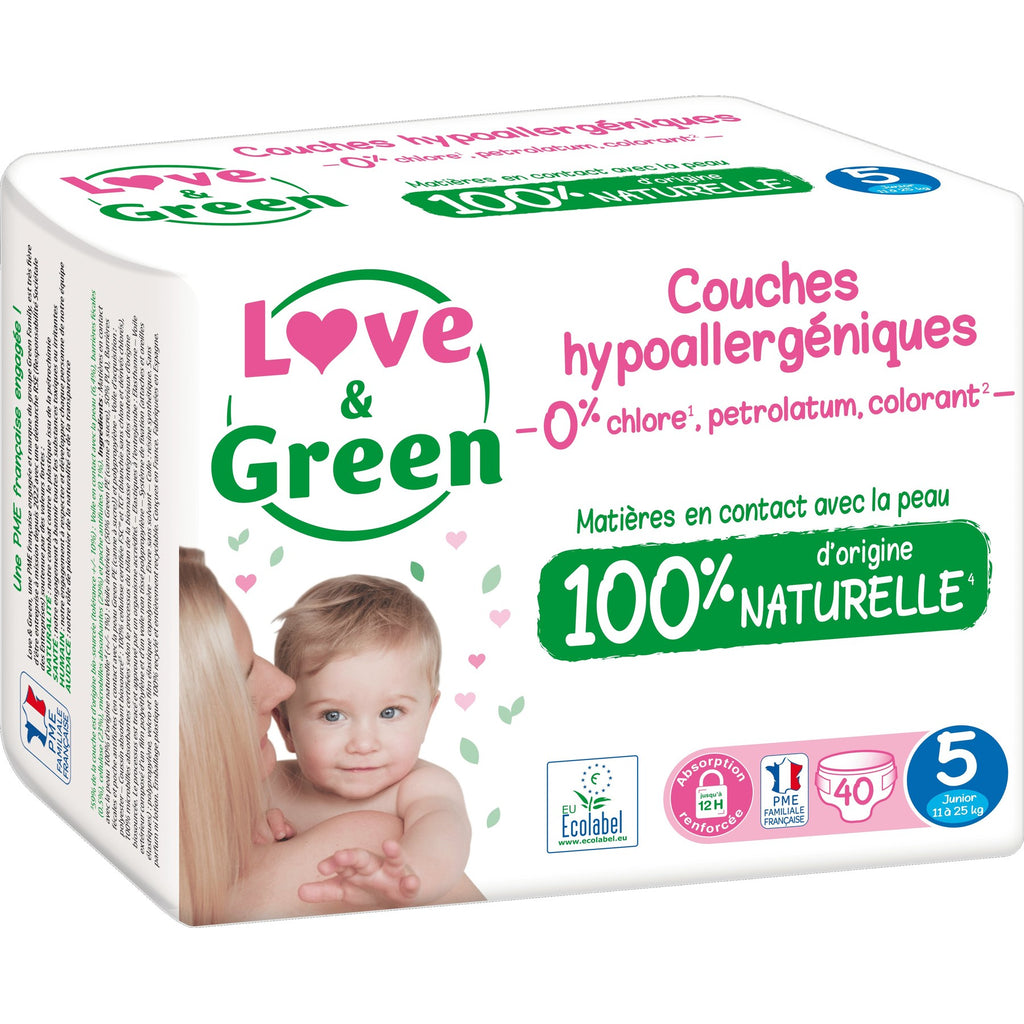 LOVE & GREEN Couches Bébé Hypoallergéniques Écologiques Taille 5 11-25kg - 40 couches