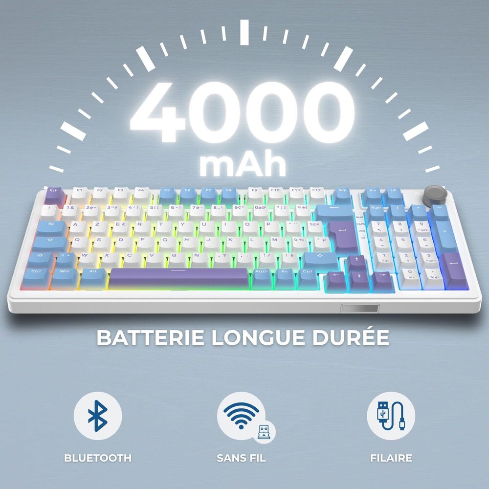 THE G-LAB KEYZ ELITE 400 Clavier Gaming Mécanique Switch Linéaire Triple Mode RGB, 96 % - QWERTY - Blanc/Bleu
