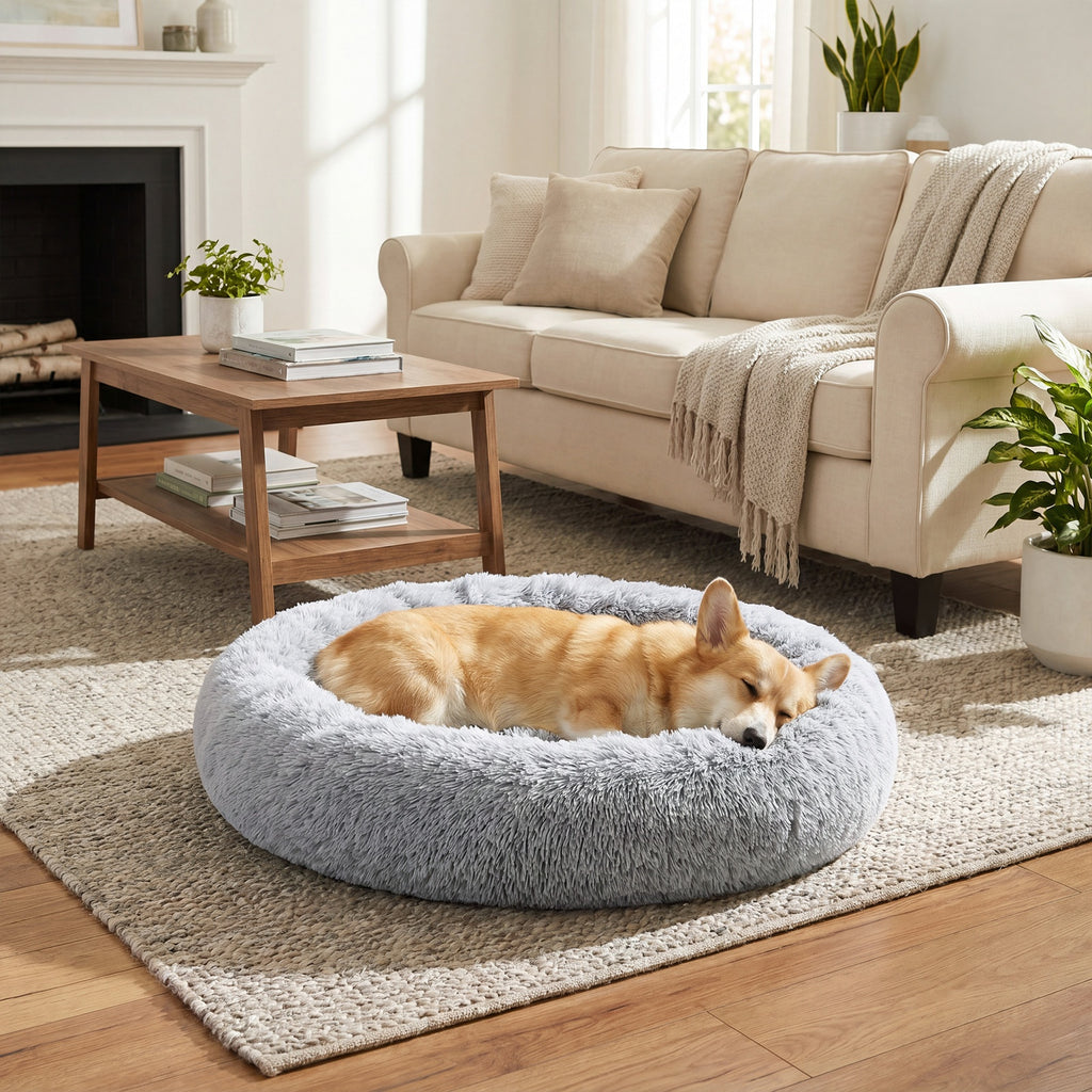 JOYFURNOS Lit donut apaisant moelleux pour chien avec housse amovible et lavable, Gris
