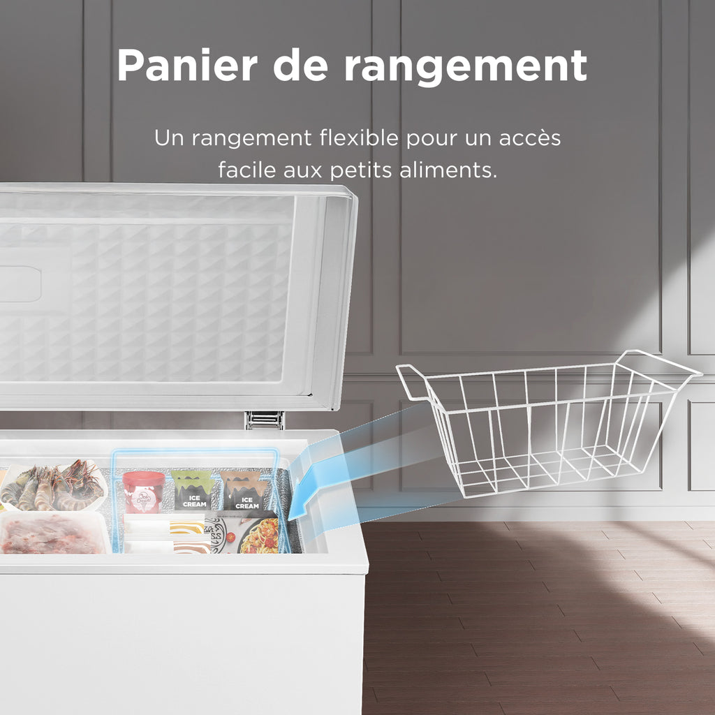 TCL CF126EWE0FR Congélateur avec panier de rangement, charnière de couvercle, thermostat réglable, pieds réglables, classe énergétique E - 98 L