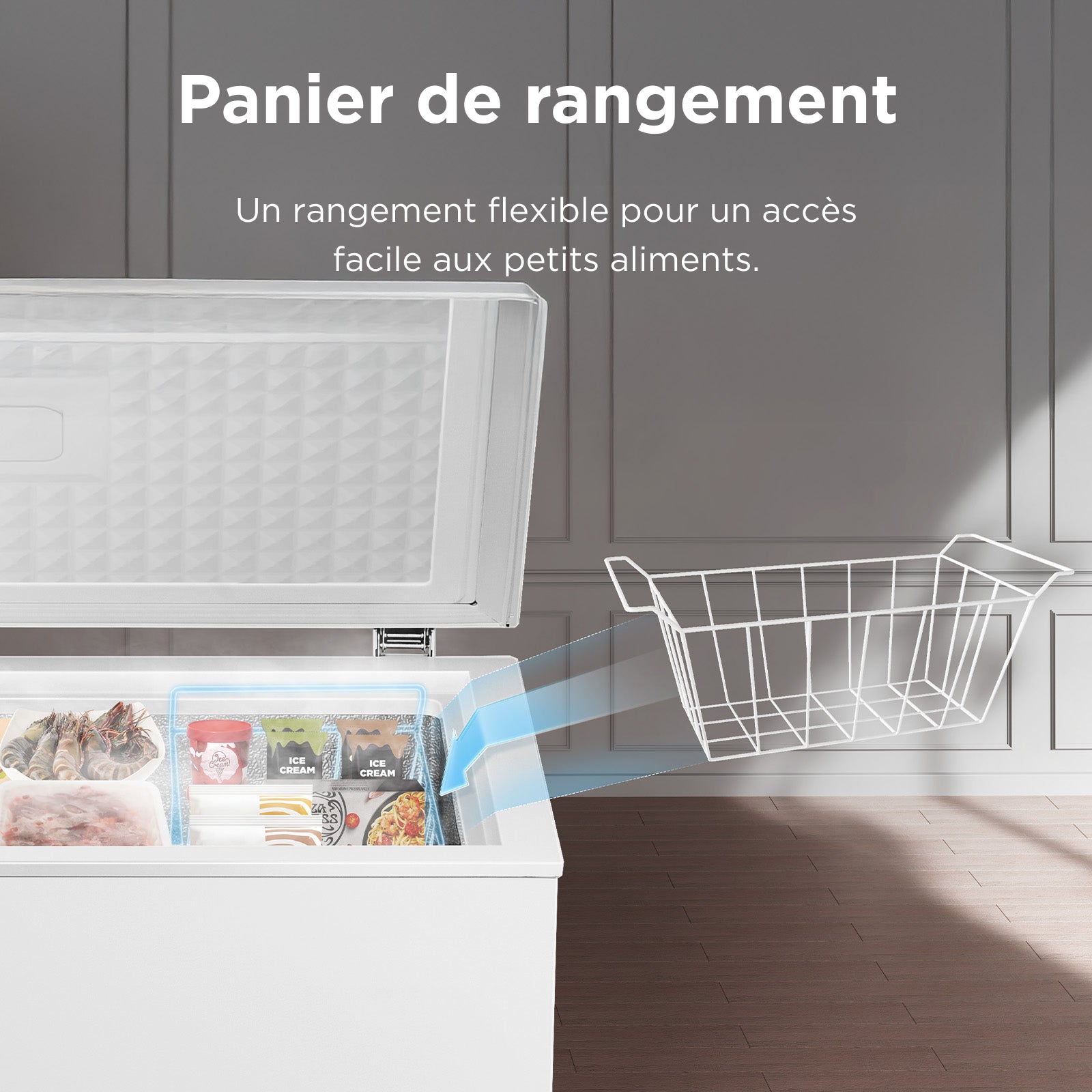 TCL CF126EWE0FR Congélateur avec panier de rangement, charnière de couvercle, thermostat réglable, pieds réglables, classe énergétique E - 98 L
