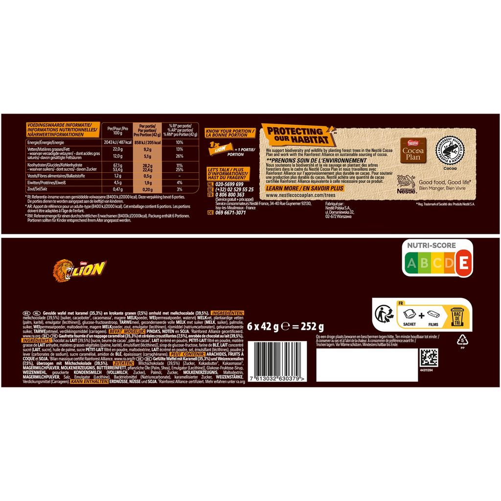 Lion Barres de Chocolat au Lait 6 Barres de 42 g