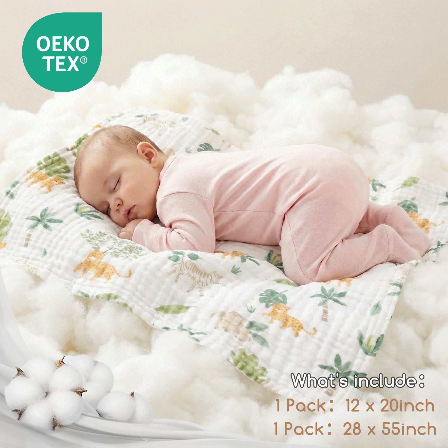 LEBONSOIR - Lot de 2 serviettes pour bébé (1 serviette de bain, 1 carré de mousseline), 100% coton biologique doux, absorbant et respirant, idéal pour nouveau-nés, motif dessin animé - 25 x 50 cm et 70 x 140 cm