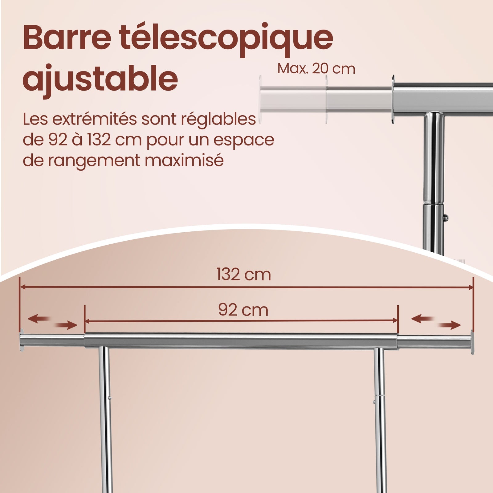 JOYFURNOS Portant à Vêtements sur Roulettes, Tringle à Vêtements Robuste, 45 x (92-132) x 161,5 cm, avec Tringle Extensible, Capacité de Charge 100 kg, Portable, Argent