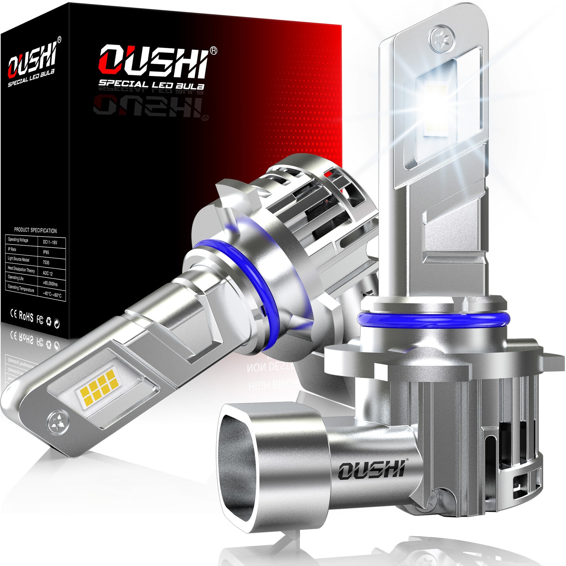 OUSHI Ampoules LED HIR2, amélioration de 600 %, blanc xénon 6500 K, format mini 1:1, ampoules LED HIR2, 30 000 lm, plug and play, ampoule 9012, lot de 2