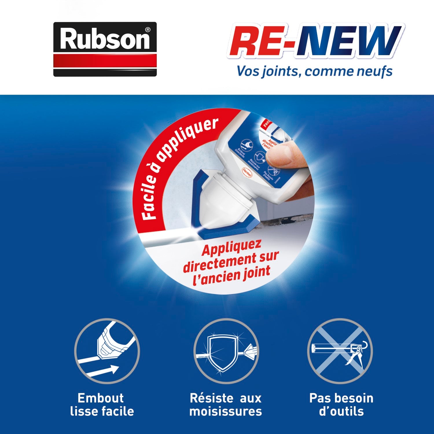Rubson – Re-New Blanc (1 x 80ml) – Mastic sanitaire blanc à base de silicone, s'applique sur le joint déjà existant – Mastic étanche & anti-moisissures