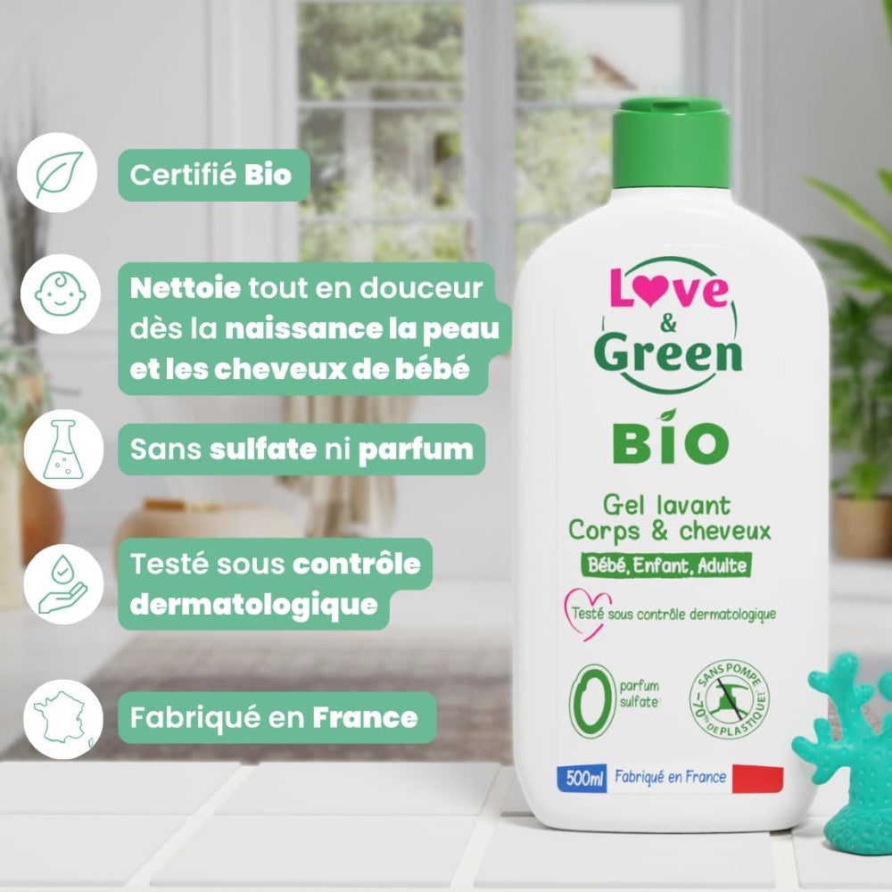LOVE & GREEN Gel Nettoyant Corps & Cheveux 2-en-1 Bio Peaux Sensibles - 500 ml