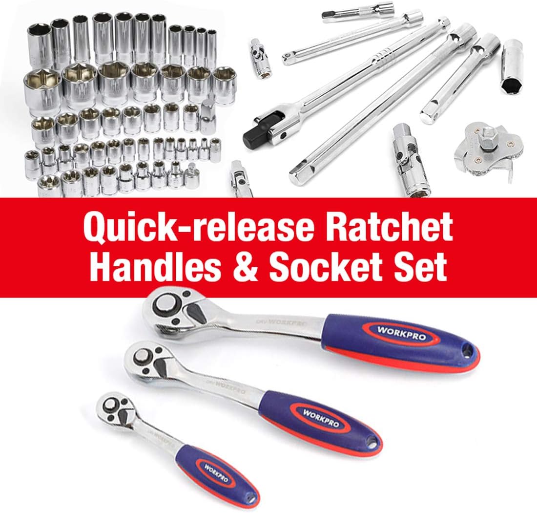 WORKPRO Jeu de douilles 123 pièces, 1/2", 1/4", 3/8" Jeu d'outils de mécanique | Clé à cliquet à libération rapide, Acier Cr-V, Douilles métriques et SAE, Rangement facile