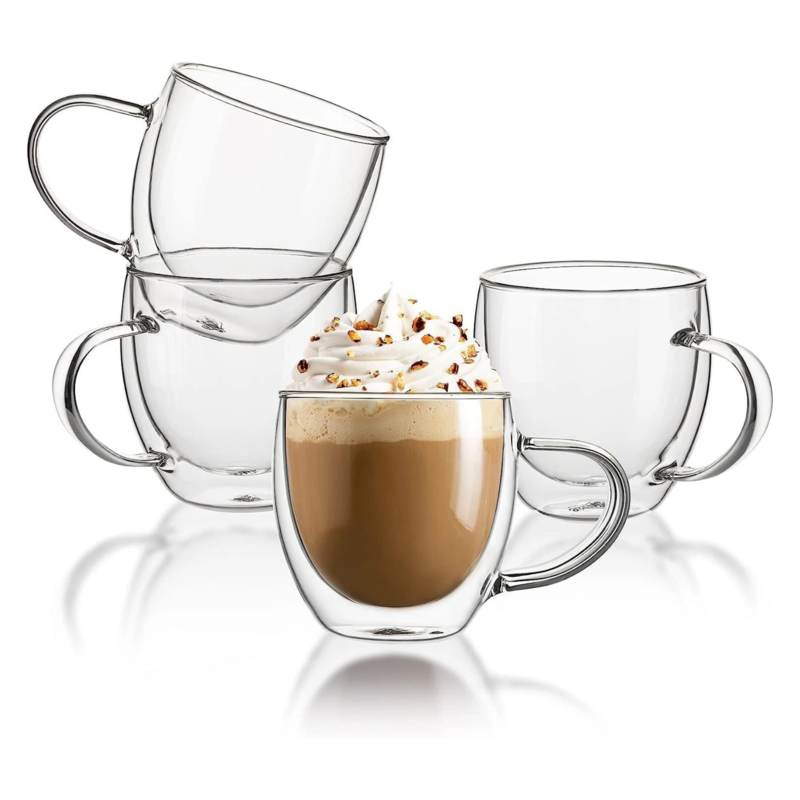 Lot de 2 Tasses à Café en Verre Double Paroi avec Anse, 250ml Verre Transparent Isotherme pour Boissons Chaudes et Froides, Latte, Cappuccino