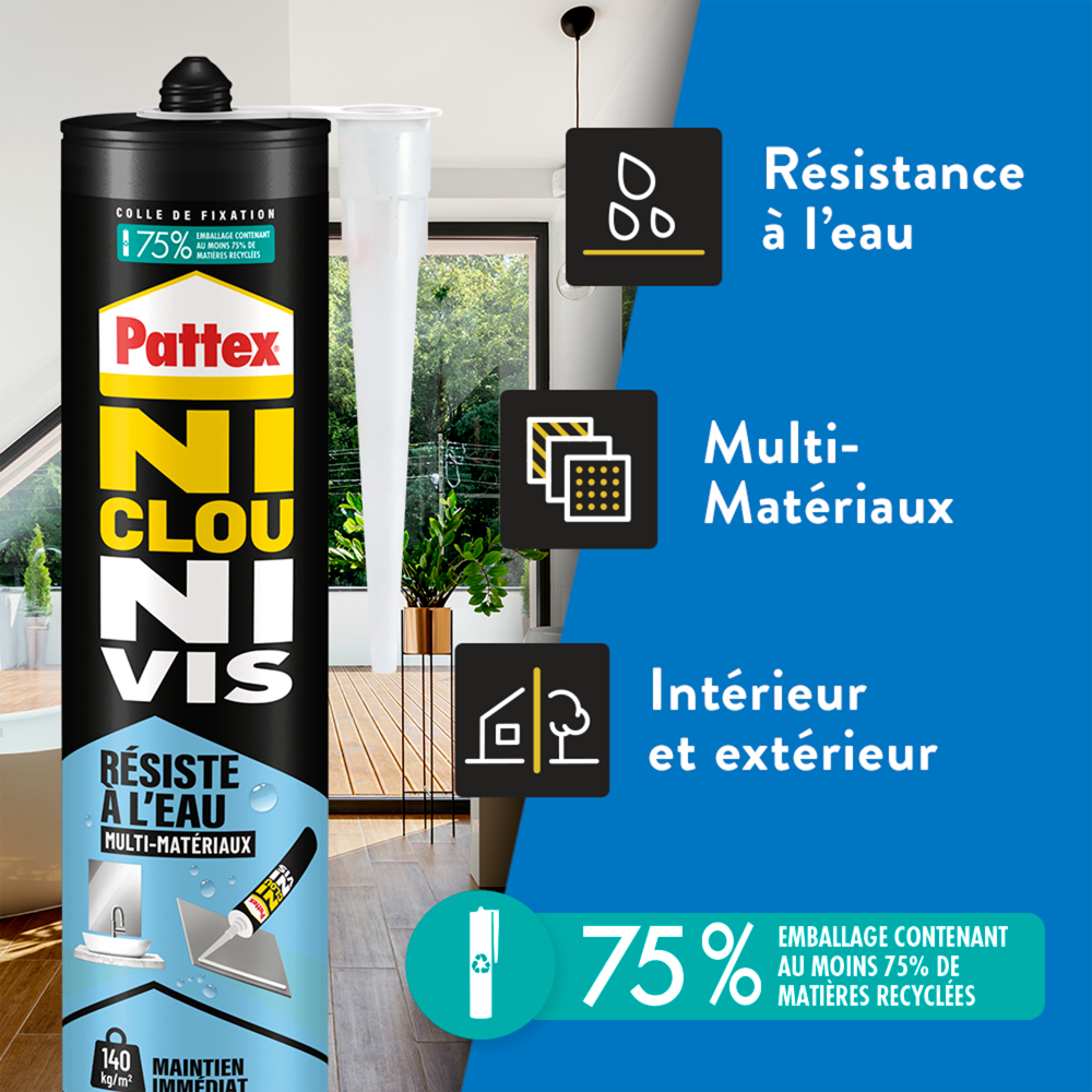 Henkel Pattex | Colle Ni Clou Ni Vis Résiste à l'Eau (cartouche de 450 g) – Colle de fixation pour intérieur & extérieur – Mastic blanc maintien immédiat, résistant à l’eau