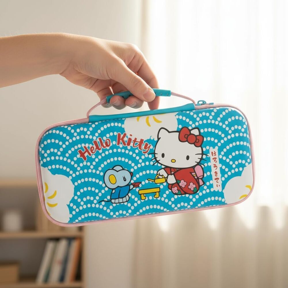 Konix Hello Kitty Housse de protection et transport console Nintendo Switch 2 - Filet rangement accessoires - 8 compartiments jeux - Motif thé - Bleu