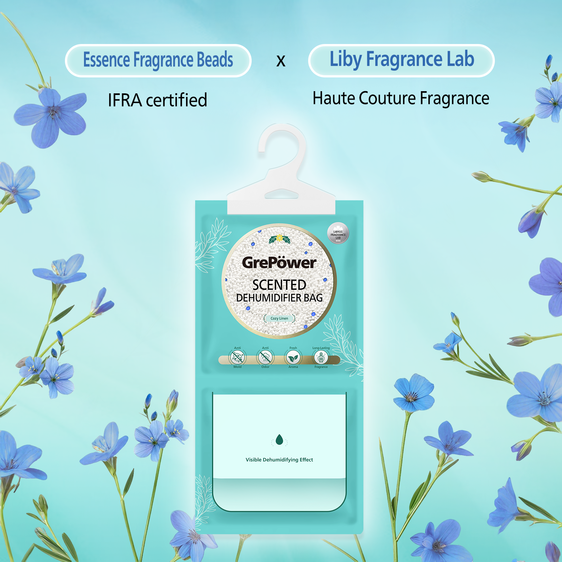 GrePower Sachets déshumidifiants au parfum de lin, lot de 10, anti-humidité et anti-condensation, absorption d'humidité ultra-forte, déshumidification rapide, pour placards, maison