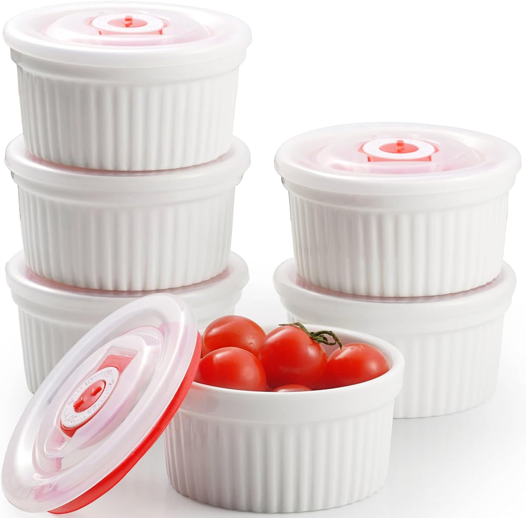 Dafuceramic Lot de 6 ramequins en porcelaine blanche 8 oz avec couvercles en plastique à cadran de date, Compatibles four, micro-ondes, lave-vaisselle et congélateur