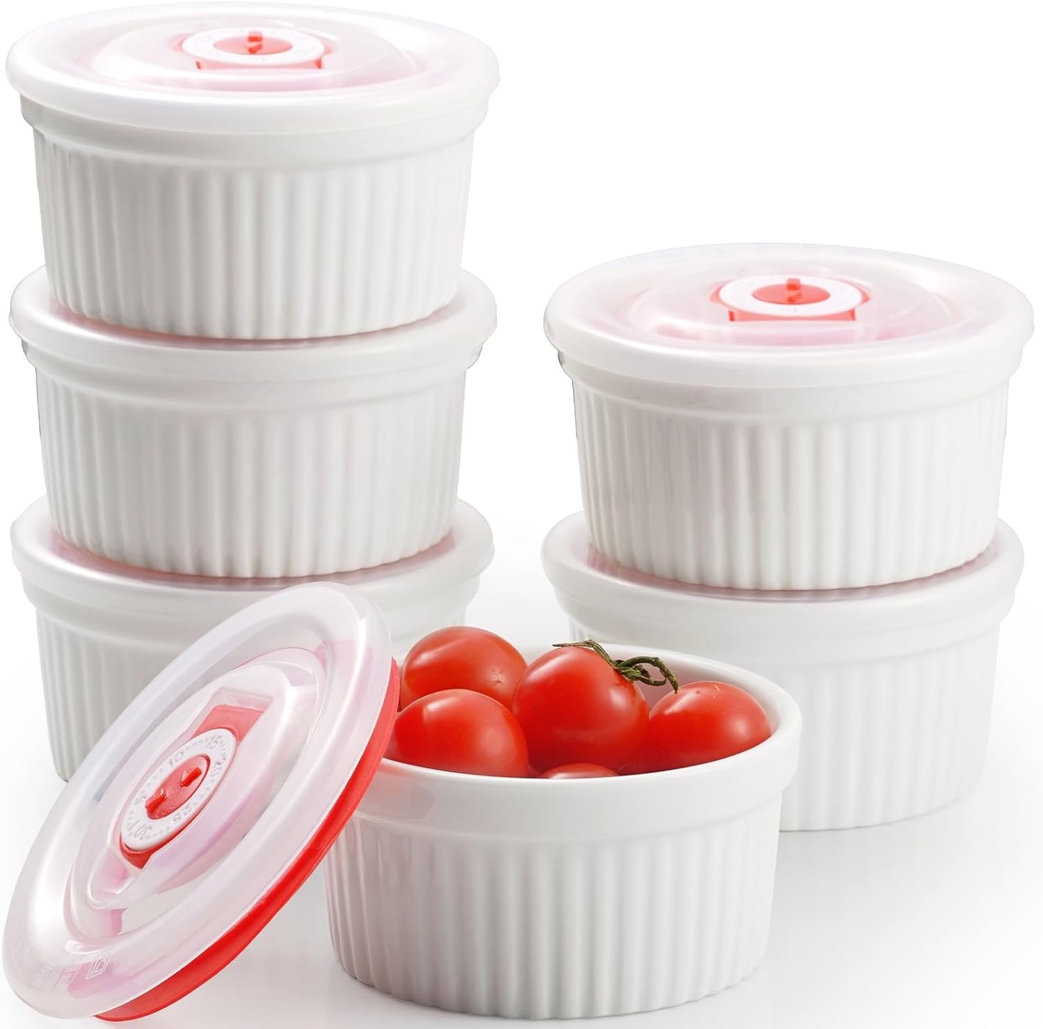 Dafuceramic Lot de 6 ramequins en porcelaine blanche 8 oz avec couvercles en plastique à cadran de date, Compatibles four, micro-ondes, lave-vaisselle et congélateur