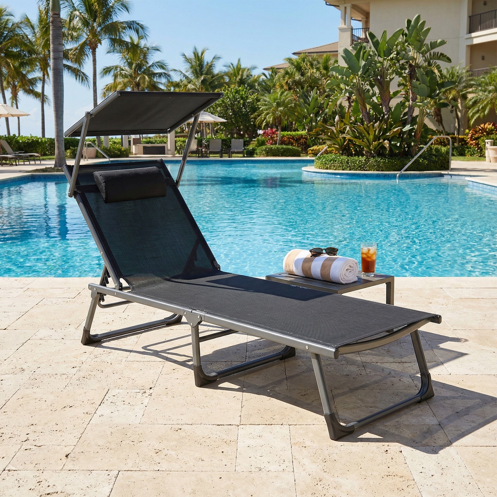 Ochama Chaise Longue de Jardin Pliante avec Dossier Réglable, Transat Extérieur, Appui-tête, Terrasse, Gris et Noir
