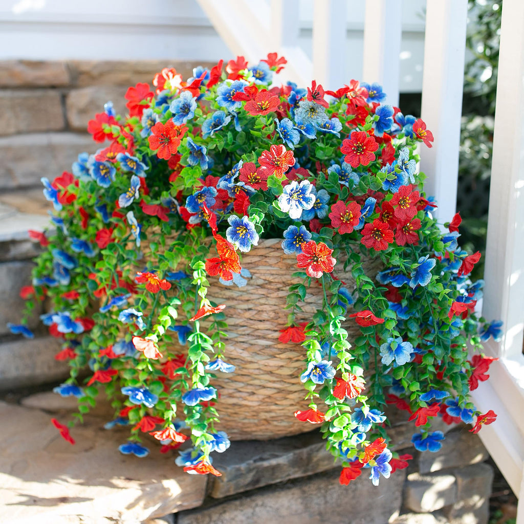 Yuejia 4 pièces 29,5 po/75 cm plantes à fleurs artificielles suspendues pour décoration extérieure, faux chrysanthèmes et violettes avec eucalyptus