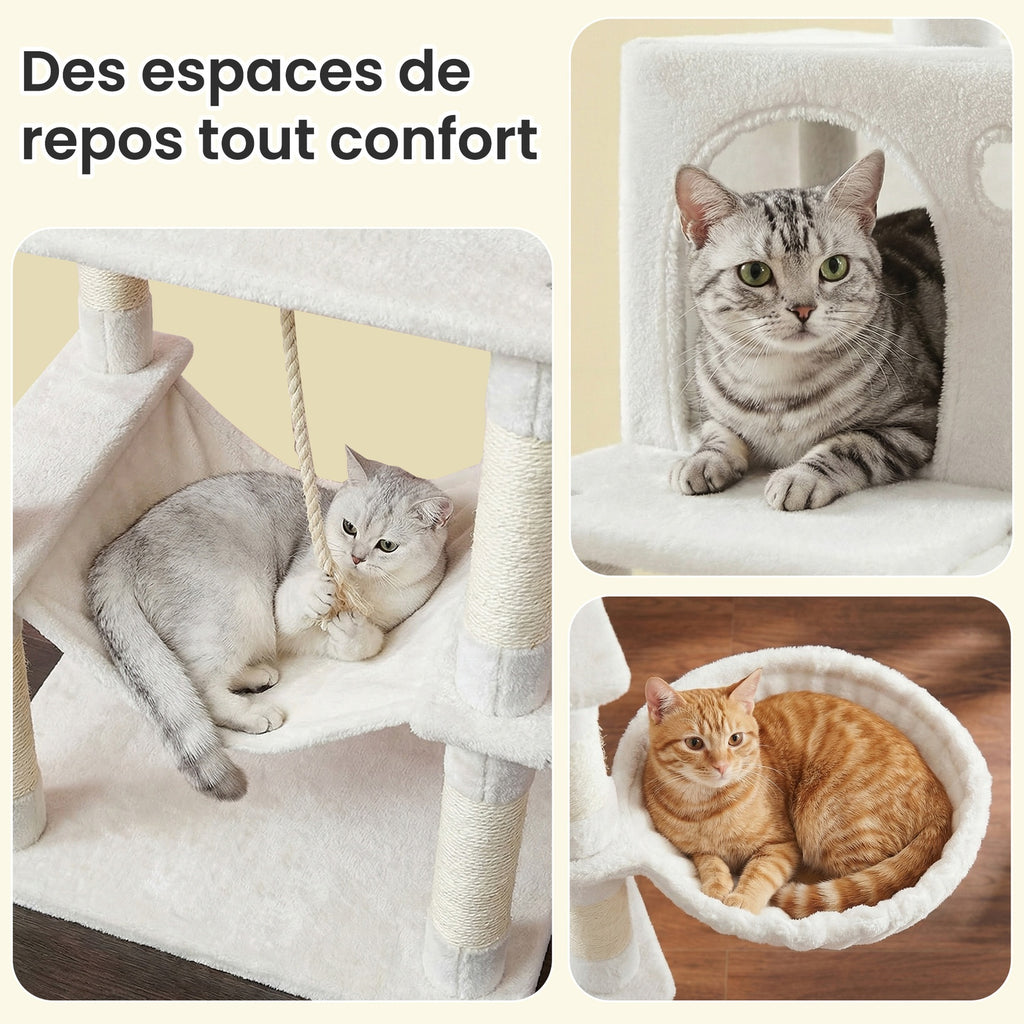 JOYFURNOS Arbre à chat, grande tour pour chat de 168 cm avec 13 poteaux à griffer, 1 rampe à griffer, 2 perchoirs, 2 niches, panier, hamac, pompons, blanc crème