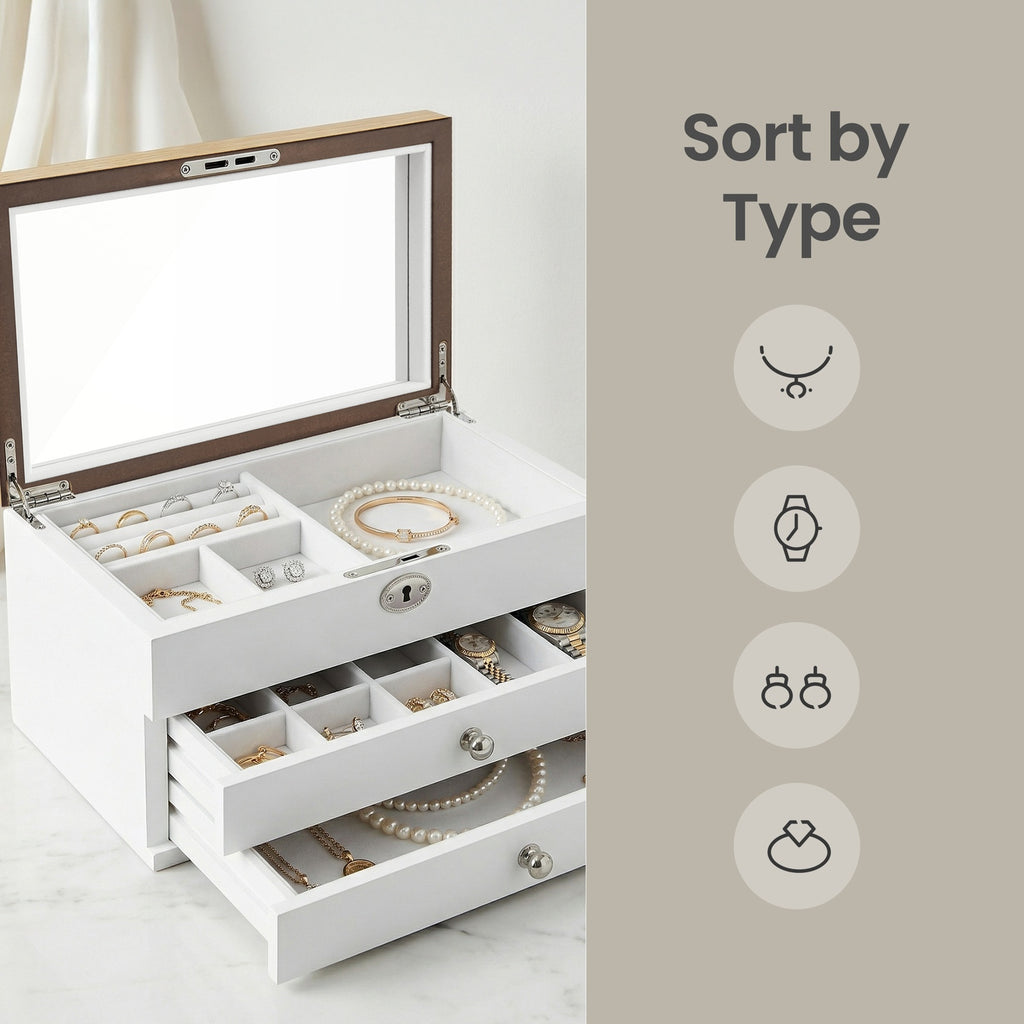 JOYFURNOS Boîte à Bijoux à 3 Niveaux avec Grand Miroir, 2 Tiroirs, Fermeture à Clé, Cadeau Idéal pour Vos Proches, pour Bagues, Boucles d’Oreilles, Bracelets et Colliers, Coloris Blanc et Effet Bois