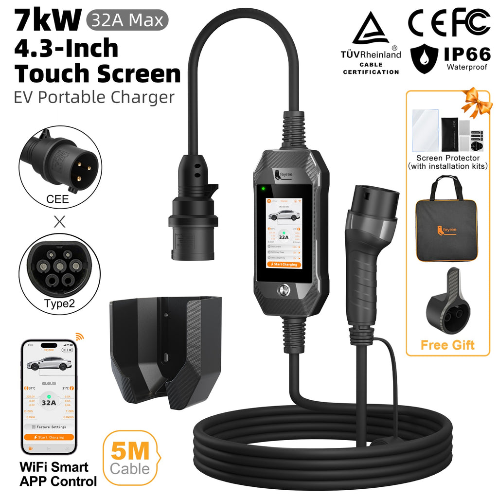 Feyree Chargeur EV portable Type 2 7 kW avec écran tactile 4,3" et contrôle intelligent via application WiFi pour voiture électrique