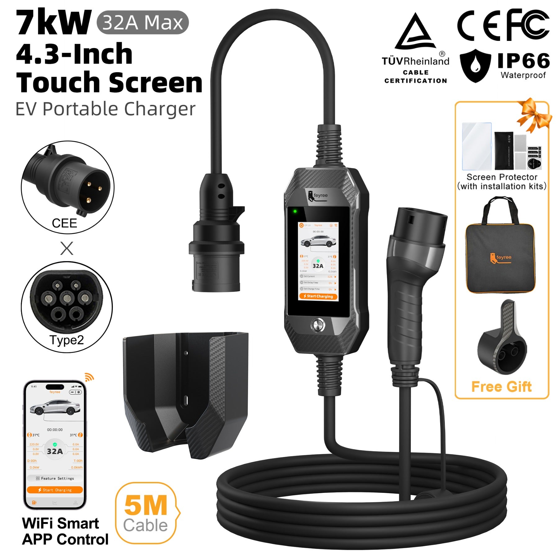 Feyree Chargeur EV portable Type 2 7 kW avec écran tactile 4,3" et contrôle intelligent via application WiFi pour voiture électrique
