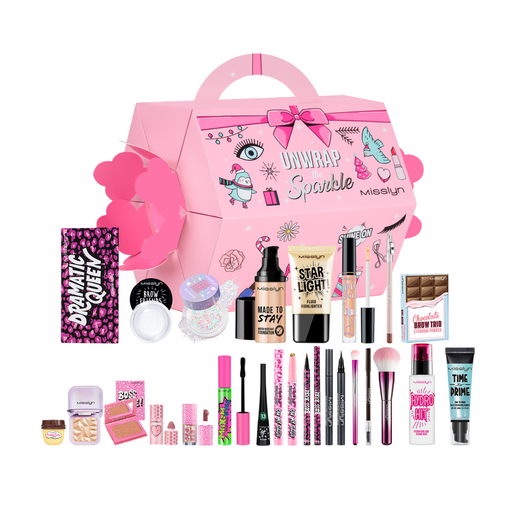 Misslyn Coffret cadeau compte à rebours surprise pétillante, coffret cadeau beauté brillant à déballer, 23 articles comprenant rouges à lèvres, gloss à lèvres, palettes de fards à paupières, maquillage et outils de maquillage