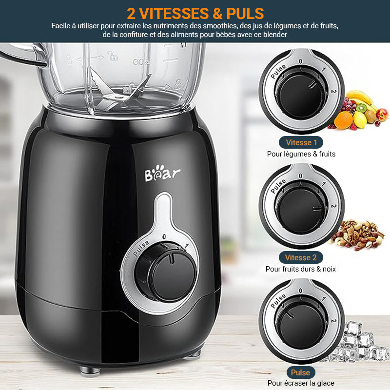 Bear LLJ-B12K1 mixeur de table 1,2 L 500 W - 2 vitesses + fonction impulsion - 4 lames en acier inoxydable