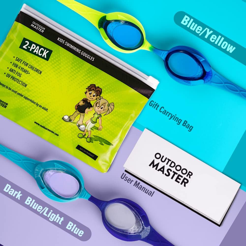 OutdoorMaster Lot de 2 lunettes de natation pour enfants Sangle à réglage rapide Jaune et bleu + Bleu