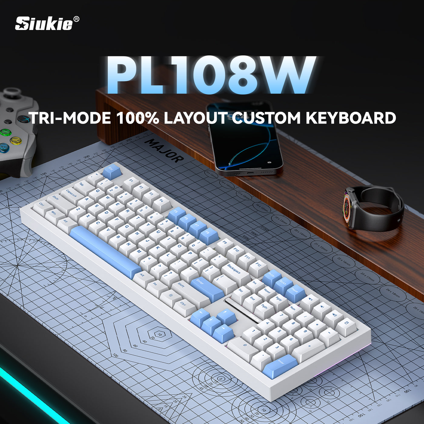 Siukie PL108W Clavier mécanique 108 touches, interrupteur détachable, 3 modes RGB, blanc