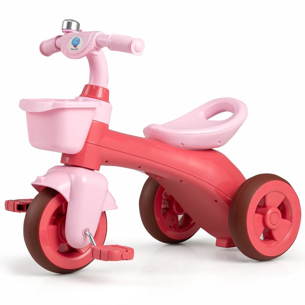 Costway Tricycle pour enfants, Limiteur de direction, Panier avant et sonnette, Rose