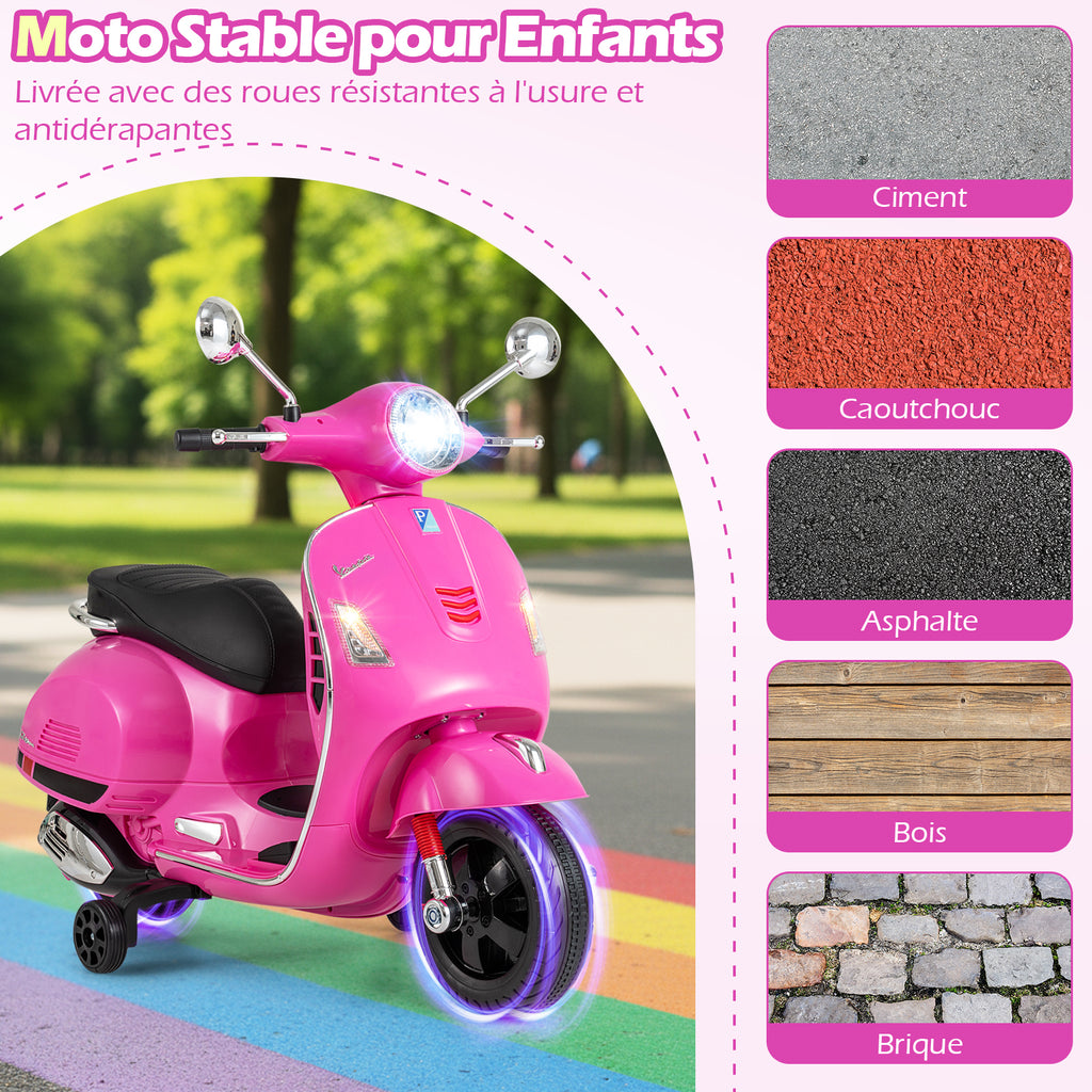 Costway Scooter électrique pour enfants Vespa sous licence 12 V, Scooter motorisé 4 roues avec musique, klaxon, histoires et roues stabilisatrices, 3-6 ans, Rose