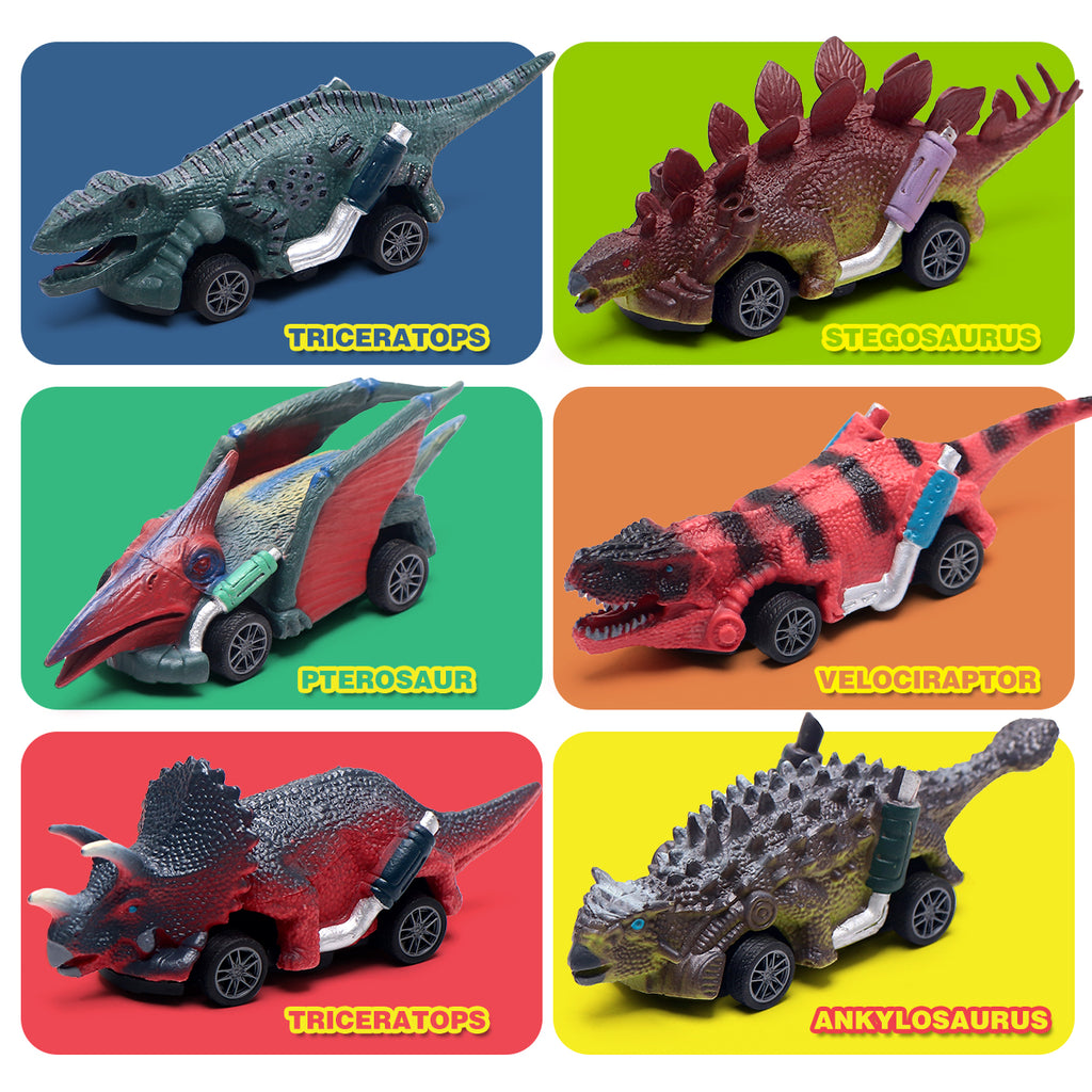 Jouets de Voitures à Rétropédalage Dinosaure, Set de 6 Voitures de Course Dinosaure en Plastique Sûr, Cadeaux de Jeu de Mini-Véhicules de Modélisation Dinosaure Réalistes pour Enfants Garçons Intérieur Extérieur Jeu de Rôle