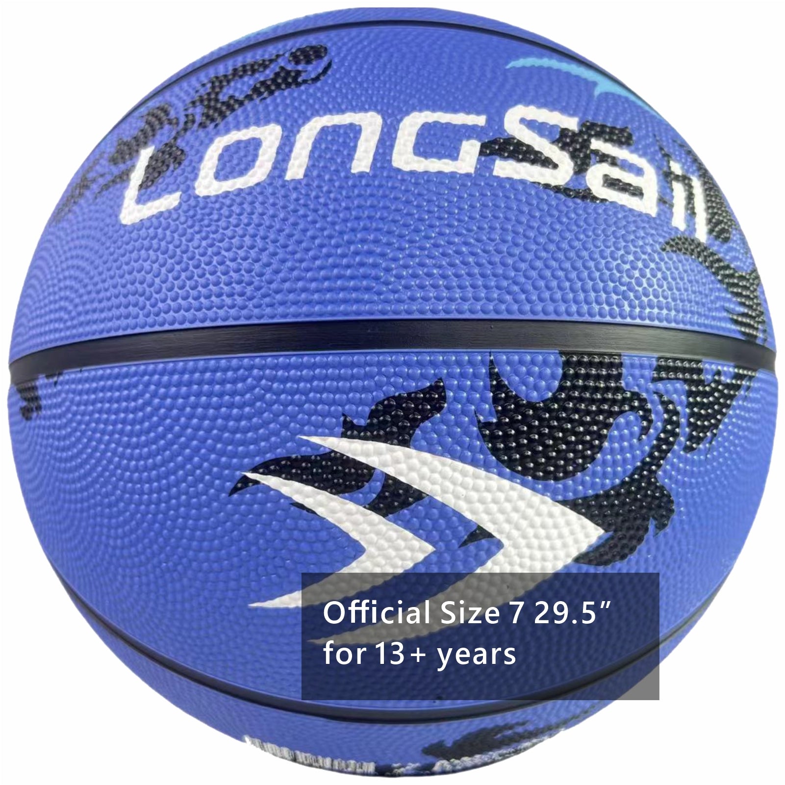 LONGSAIL Ballon de basket-ball en caoutchouc haute qualité (29,5 po) Taille 7 Bleu ciel/motif noir/motif bleu clair