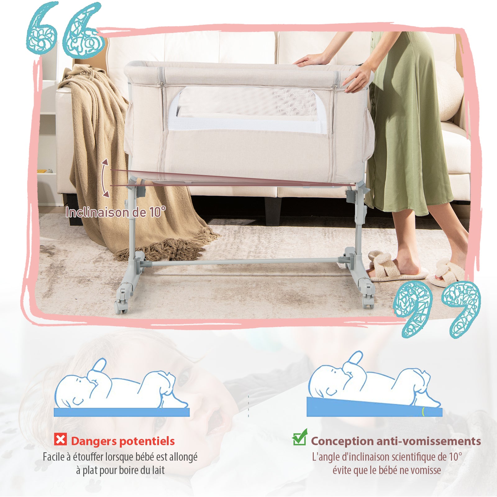 Berceau de chevet portable pour bébé avec 5 hauteurs réglables et sac de voyage - Beige