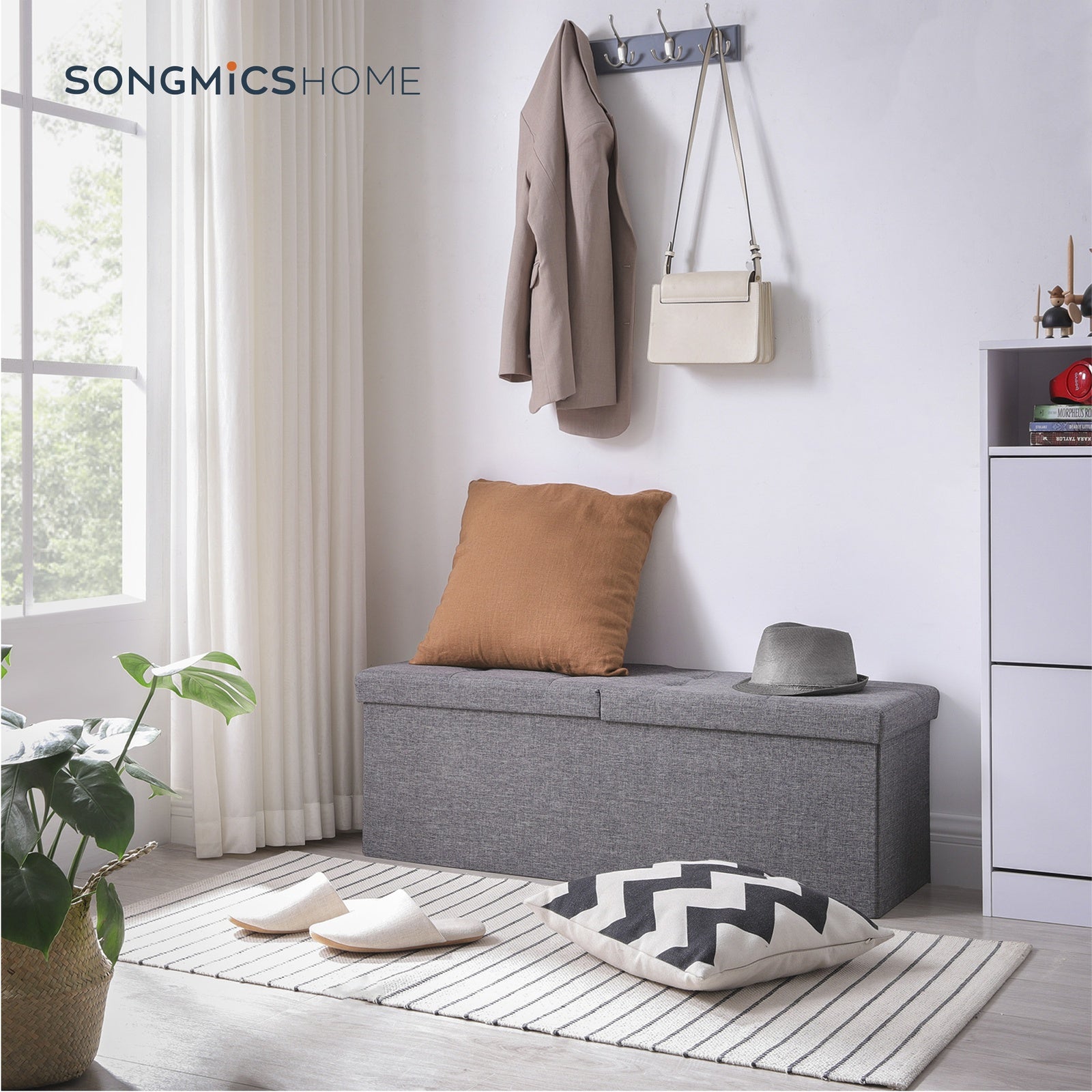 JOYFURNOS Banc de rangement pliable avec couvercle – Gris Ardoise, 38 x 110 x 38 cm, bo?te de rangement, supporte jusqu'à 300 kg – idéal pour l'entrée, le salon ou la chambre