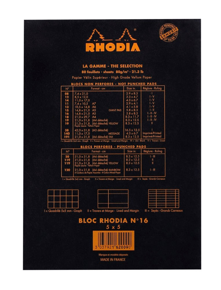 CLAIREFONTAINE Bloc agrafé Rhodia BLACK N°16 14,8x21 cm 80 feuillets petits carreaux 5x5 80 g