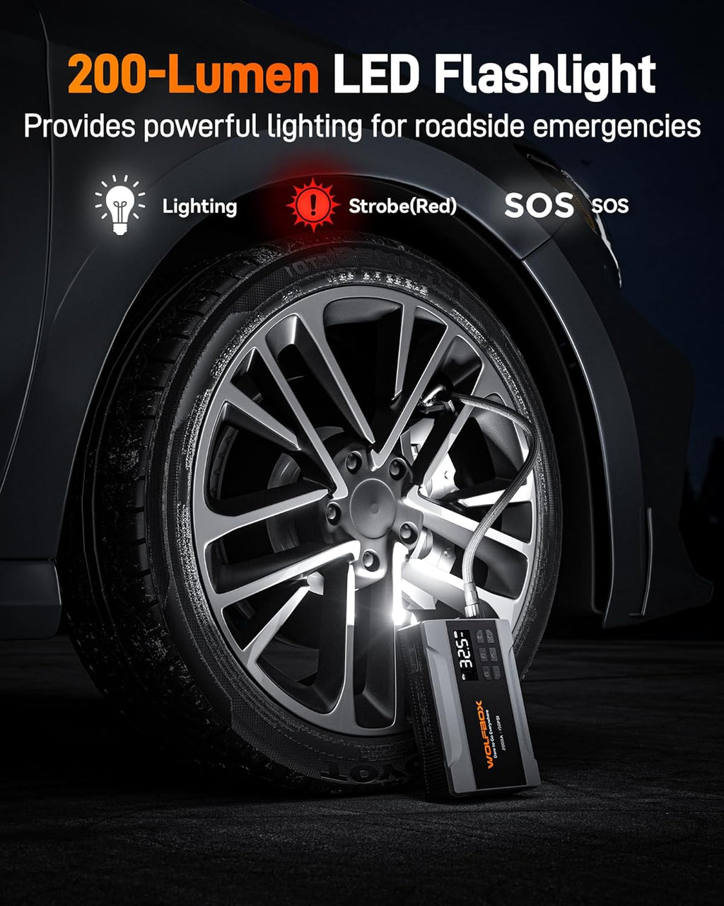 WOLFBOX Booster de démarrage 2000 A avec compresseur d’air, Booster de batterie de voiture portable 37 Wh (jusqu’à moteur essence 5 L) avec gonfleur de pneus 150 PSI