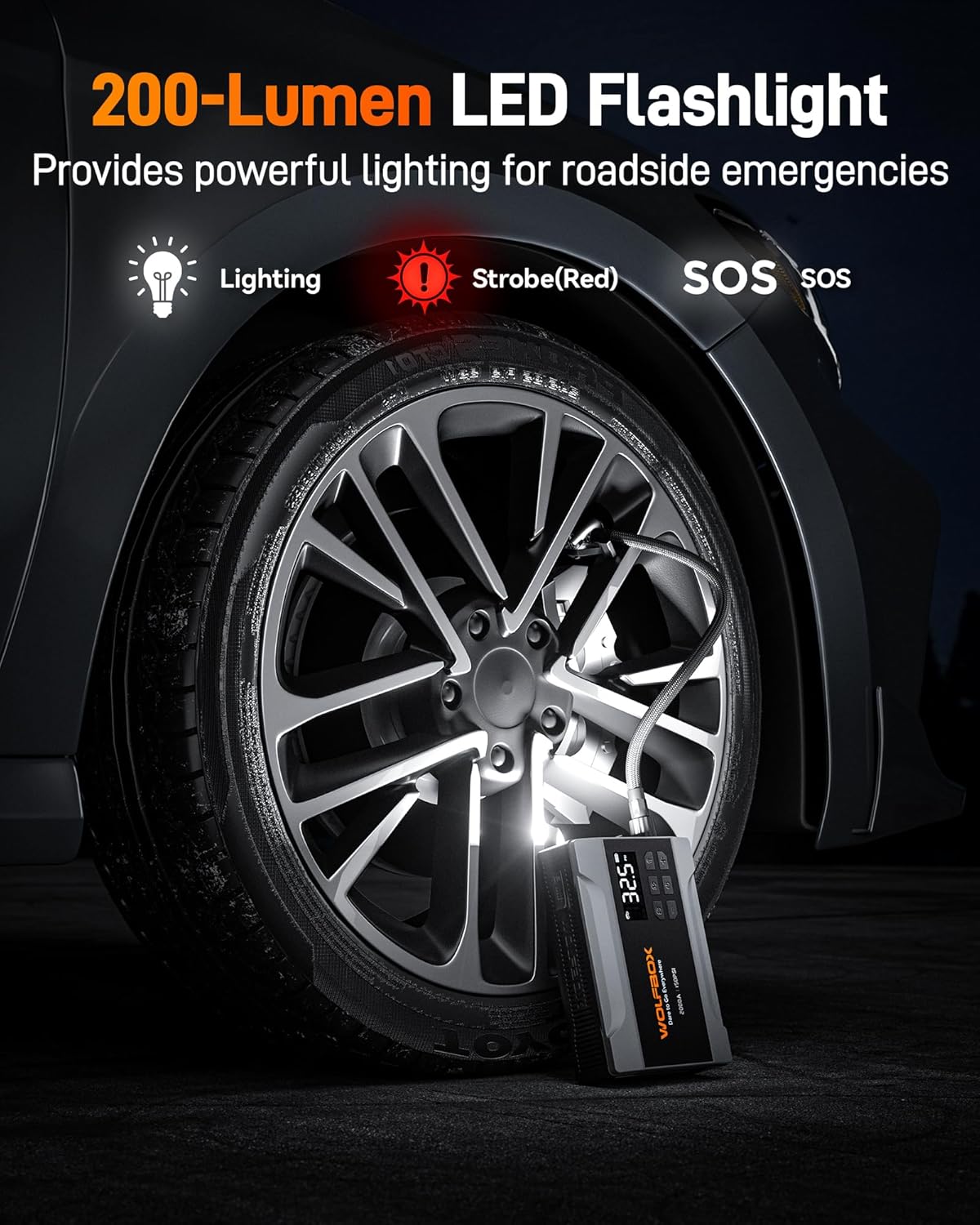 WOLFBOX Booster de démarrage 2000 A avec compresseur d’air, Booster de batterie de voiture portable 37 Wh (jusqu’à moteur essence 5 L) avec gonfleur de pneus 150 PSI