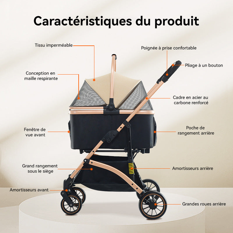 Blinkit 6 Poussette pour animaux de compagnie légère à absorption de chocs sextuple, poussette d'extérieur pliable à un bouton avec guidon réglable, matériau en acier au carbone, noir
