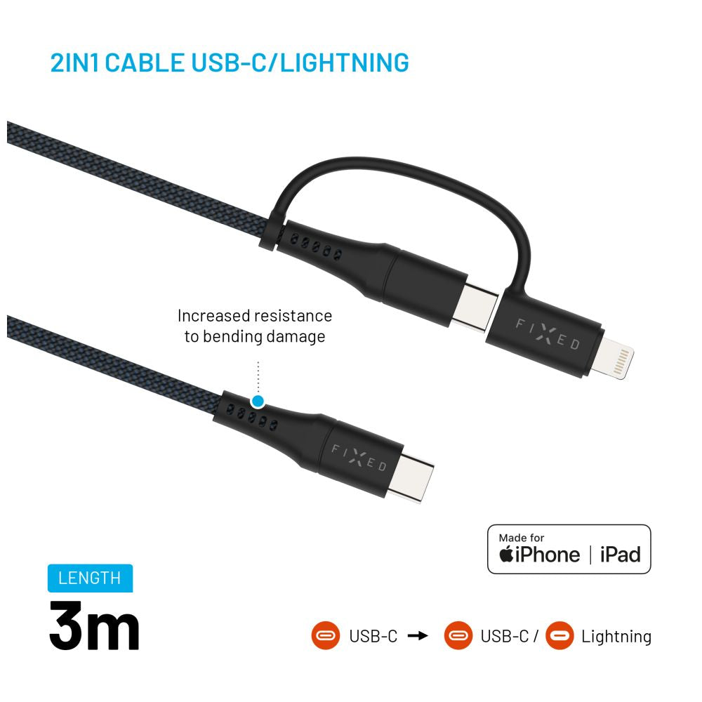 FIXED Câble USB-C vers USB-C tressé avec adaptateur Lightning, 3 m, Certifié MFi, Charge Rapide PD 60W, Gris