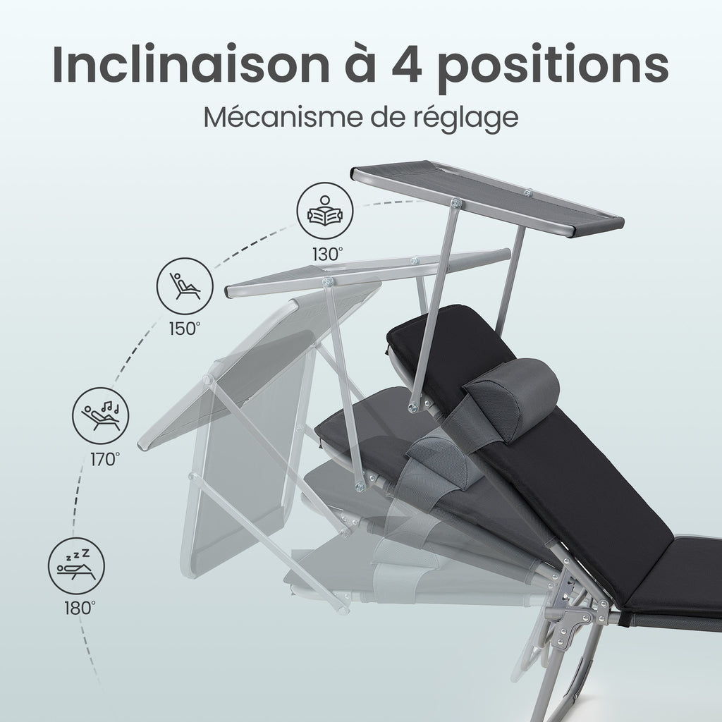 Ochama Chaise Longue de Jardin Pliante avec Dossier Réglable, Transat Extérieur, Appui-tête, Terrasse, Gris et Noir