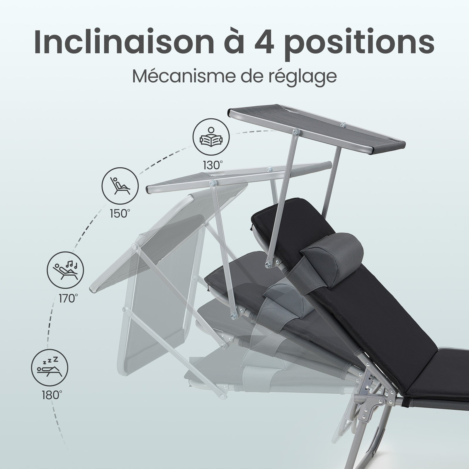 Ochama Chaise Longue de Jardin Pliante avec Dossier Réglable, Transat Extérieur, Appui-tête, Terrasse, Gris et Noir
