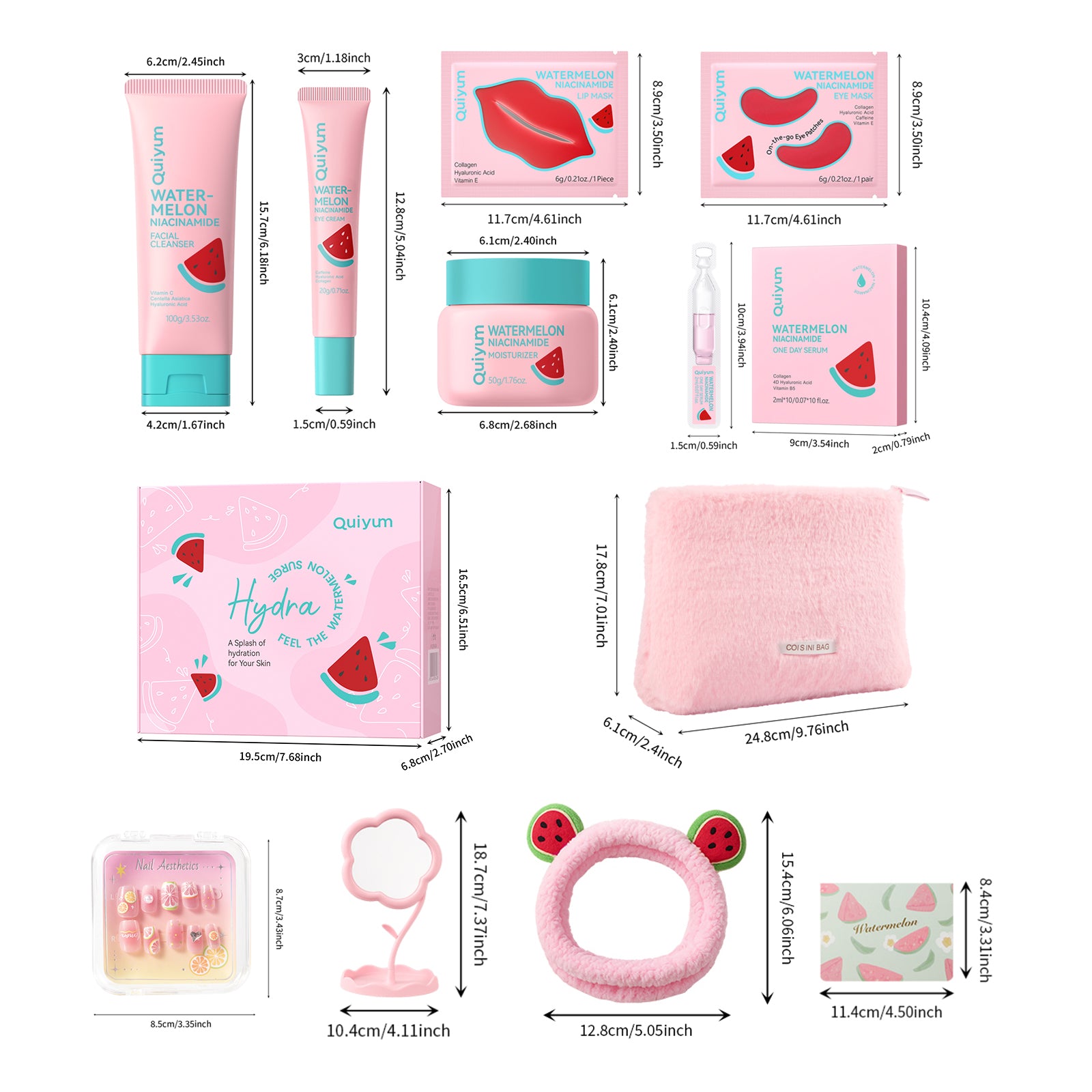 QUIYUM Coffret de soins à la pastèque - Nettoyant 100 g, Sérum 2 ml × 10, Crème contour des yeux 20 g, Masques pour le contour des yeux 6 g × 3, Masques pour les lèvres 6 g × 3