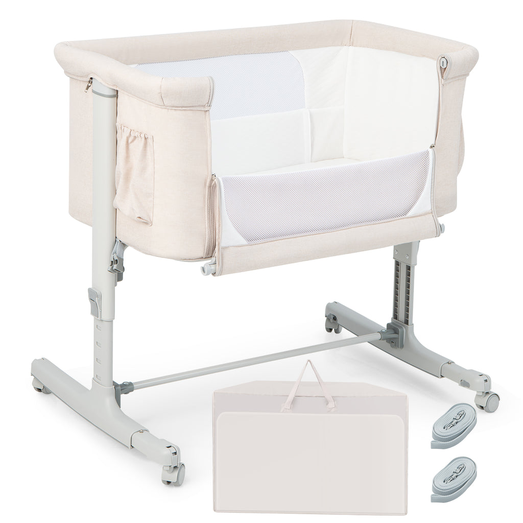 Berceau de chevet portable pour bébé avec 5 hauteurs réglables et sac de voyage - Beige