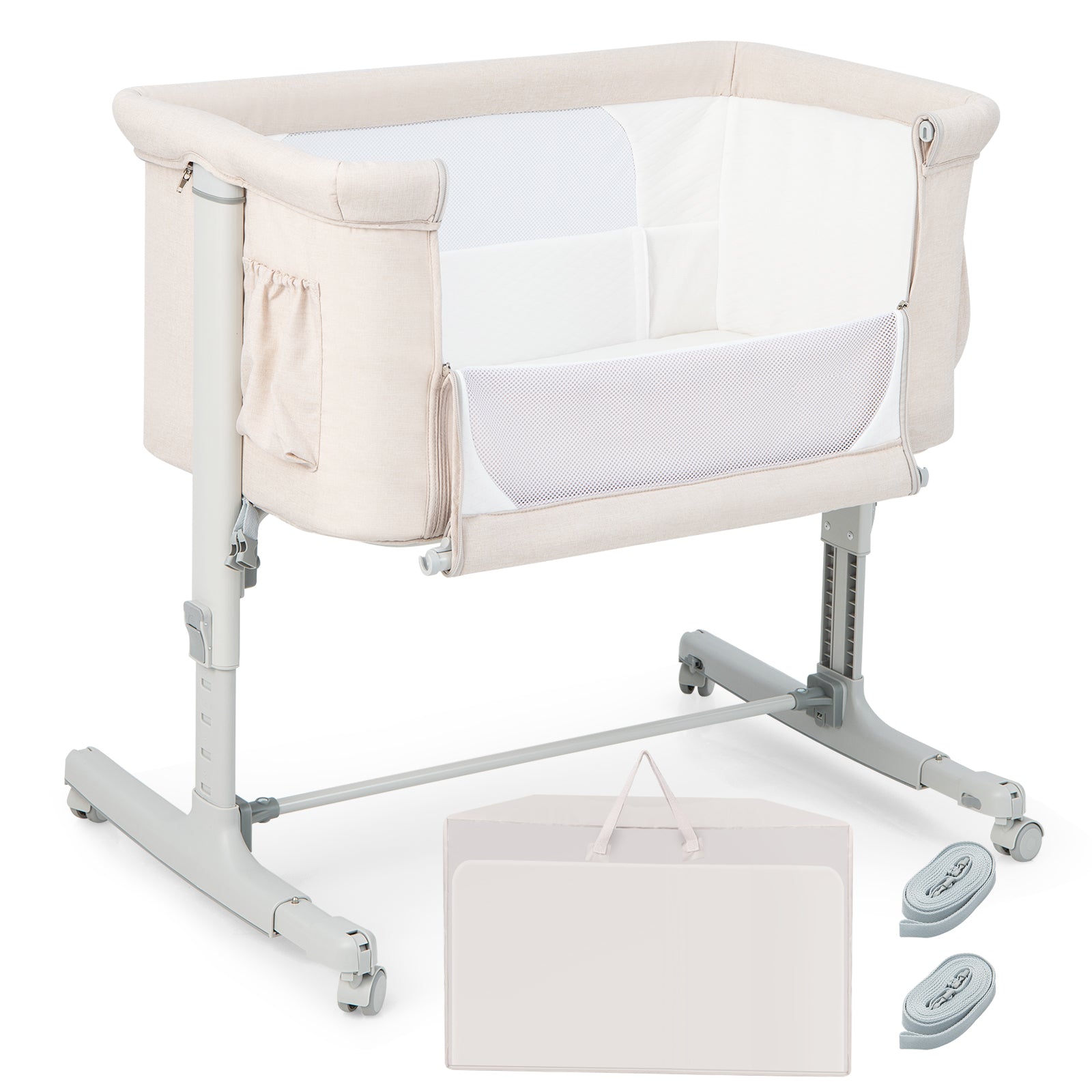 Berceau de chevet portable pour bébé avec 5 hauteurs réglables et sac de voyage - Beige